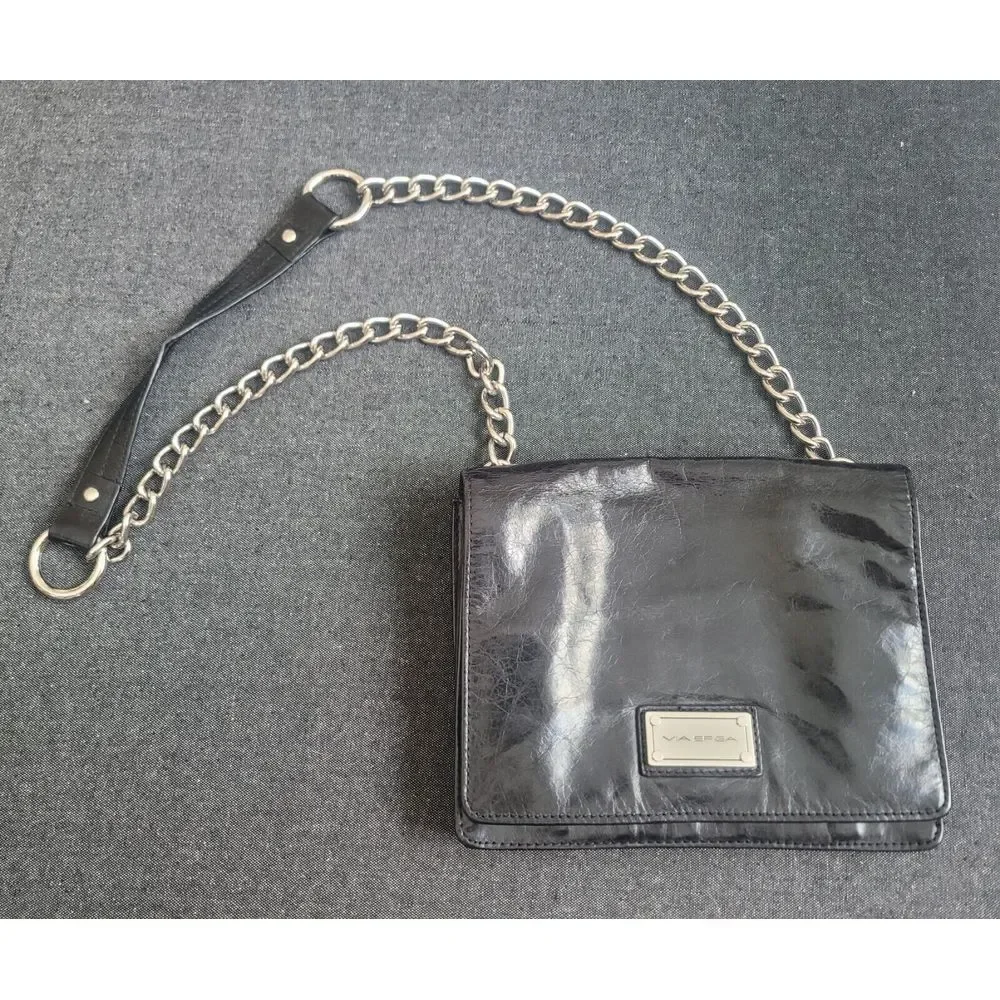 90s Y2K Via Spiga Black Shoulder Crossbody Bag Purse Leather‎ Chain Goth Grunge